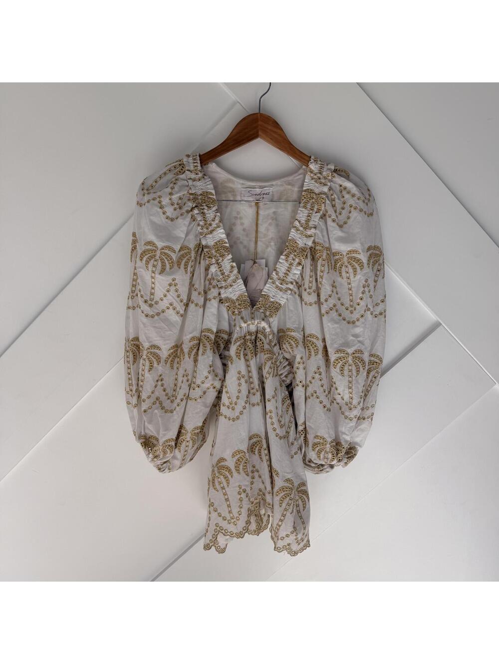NWT Sundress Alicia Jumpsuit White and Gold Palmtrees XS/S